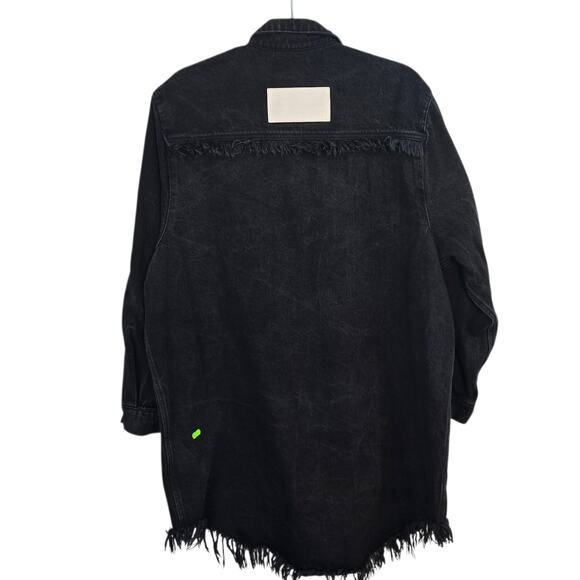 Adidas x KSENIASCHNAIDER Black Denim Fringe Shirt Dress Snap Front Large - Picture 2 of 9
